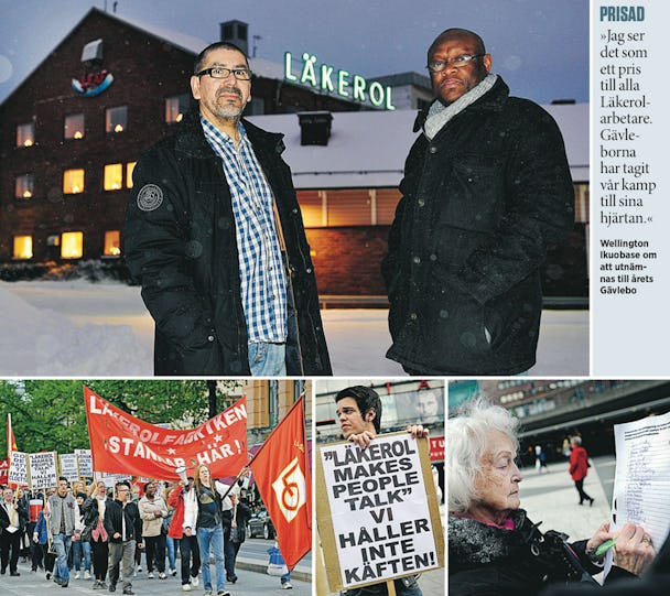 Om drygt ett år tar Läkerol ner skylten. Mario Izquierdo och Wellington Ikuobase (översta bilden) känner sig grundlurade. 2002 var fabriken olönsam och nedläggningshotad. Facket har gått med på stora rationaliseringar. 117 arbetare producerar mer i dag än 250 för tio år sedan och fabriken är lönsam. När beskedet om nedläggning kom i mars 2012 demonstrerade Gävlebor utanför ägarnas huvudkontor i Stockholm. Karin Isaksson (till höger) var en av dem som skrev på protestlistorna.