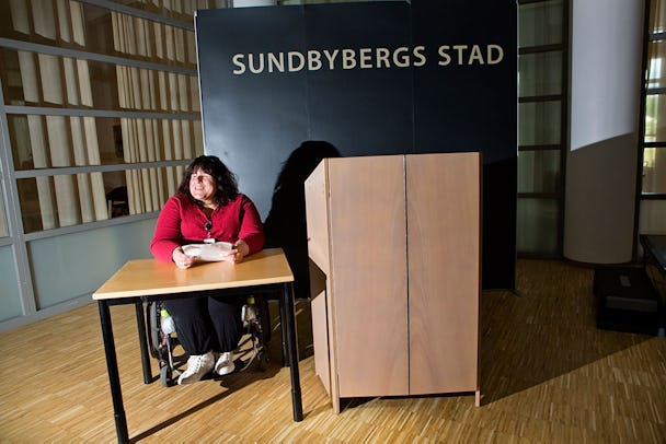 Veronica Kallander har en egen talarstol i fullmäktigesalen. Foto: Linus Meyer
