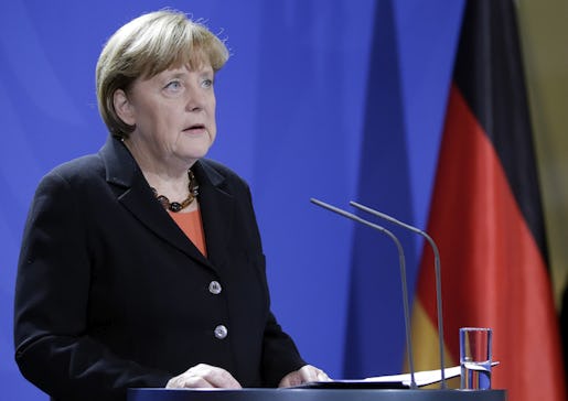 German Chancellor Angela Merkel speaks during a statement on the death of former German Chancellor Helmut Schmidt in Berlin, Germany, Tuesday, Nov. 10, 2015.  Schmidt died today at the age of 96-years. (AP Photo/Michael Sohn)