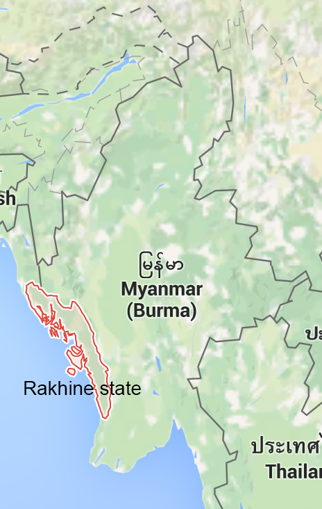 Rakhine state in Burma (Myanmar). Source: Google Maps.