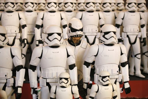 IMAGE DISTRIBUTED FOR JAKKS - Ten year old Emilia Magill, from La Crescentia, Calif,Over 100 JAKKS BIG-FIGS Stormtrooper action figures are seen as a part of an installation at The Americana at Brand for the opening of Star Wars: The Force Awakens, Thursday, Dec. 17, 2015, in Glendale, Calif. The new BIG-FIGS Stormtroopers, inspired by the latest Star Wars movie, are available now at all major retailers. (Photo by Danny Moloshok/Invision for JAKKS/AP Images)