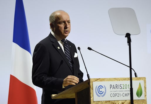 French Foreign Affairs Minister Laurent Fabius delivers a speech at the COP21, United Nations Climate Change Conference, in Le Bourget, outside Paris, Monday, Nov. 30, 2015. (Eric Feferberg/Pool Photo via AP)