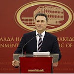 Macedonian Prime Minister Nikola Gruevski announces his resignation in front of the media, at the Government building in Skopje, Macedonia, Thursday, Jan. 14, 2016. Prime Minister Gruevski said he would submit his resignation to the speaker of parliament early Friday and the resignation would come into force one hundred days before the early elections. The resignation comes as a part of last year's Western-brokered deal to solve a deep political crisis triggered by a wiretapping scandal. (AP Photo/Boris Grdanoski)