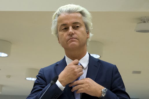 FILE - In this Wednesday, Nov. 23, 2016 file photo populist anti-Islam lawmaker Geert Wilders prepares to address judges at the high-security court near Schiphol Airport, Amsterdam. A Dutch court said Friday Dec. 9, 2016 that populist anti-Islam lawmaker Geert Wilders is guilty of hate speech charges. (AP Photo/Peter Dejong)