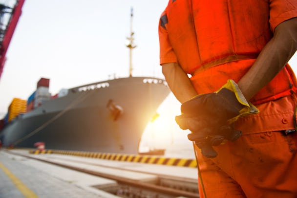 En hamnarbetare i varselkläder står framför ett containerfartyg i hamn.