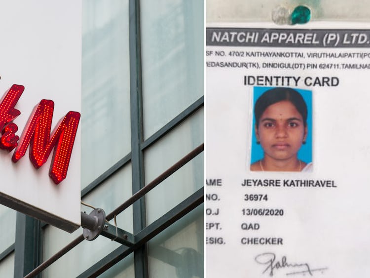 Montage: Till vänster H&M:s röda logga på en skylt som hänger ut från en fasad, till höger bild på Jeyasre Kathiravels passerkort till textilfabriken, med hennes porträtt på.