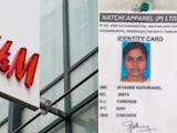 Montage: Till vänster H&M:s röda logga på en skylt som hänger ut från en fasad, till höger bild på Jeyasre Kathiravels passerkort till textilfabriken, med hennes porträtt på.