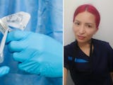 Montage: Till höger bild på hur ett par händer i blå vinylhandskar öppnar en spruta, till höger en selfie på en sjuksköterska med rött hår, iklädd arbetskläder.
