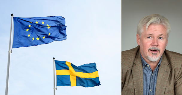 Svenska och europeiska flaggan. Och LO:s avtalssekreterare Torbjörn Johansson.