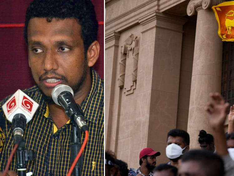 Montage: Till vänster närbild på sri lankesisk man med nyhetsmikrofoner framför sig, till höger gatuprotester i Sri Lanka