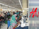 Montage: Till vänster interiör från en textilfabrik i Bangladesh, till höger H&M:s logotyp.