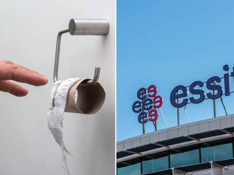 Montage: Till vänster en nästan tom toapappersrulle, till höger Essitys logotyp på ett tak.
