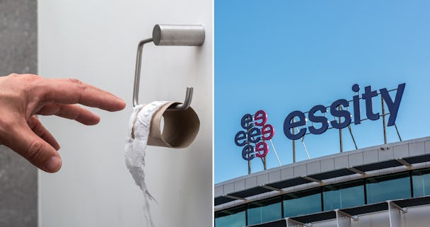 Montage: Till vänster en nästan tom toapappersrulle, till höger Essitys logotyp på ett tak.