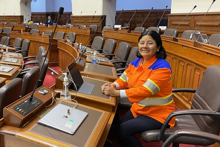 En kvinna i varselkläder sitter i Perus parlament.