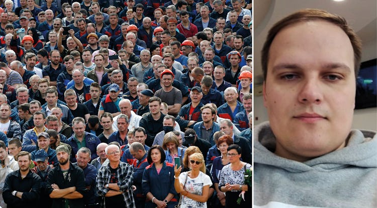 Montage. Till vänster metallarbetare i Belarus, till höger porträtt fackledaren Artem.