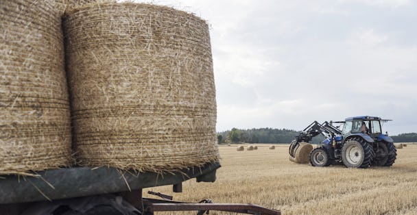 Halmbalar och traktorer på jordbruk