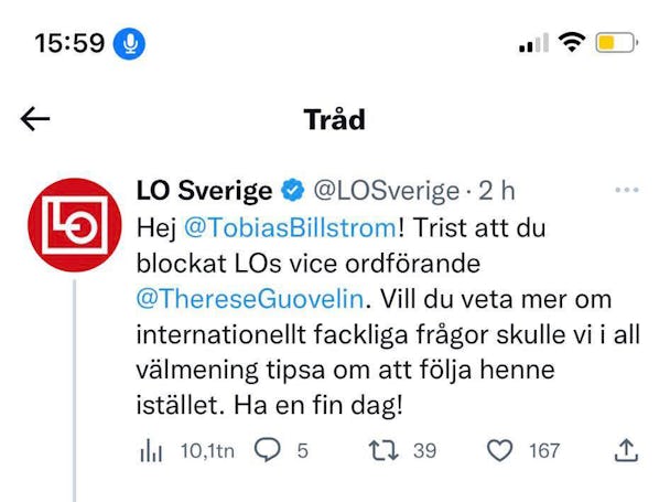 LO:s tweet om Billström