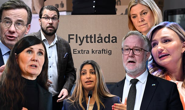 Partiledarna för riksdagspartierna. Jimmie Åkesson (SD), Ulf Kristersson (M), Märta Stenevi (MP), Nooshi Dadgostar (V), Johan Pehrson (L), Ebba Busch (KD), Magdalena Andersson (S).