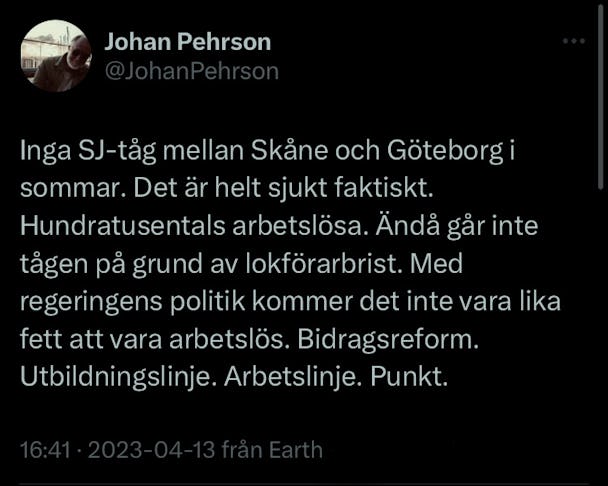 Johan Pehrsons twittrande om arbetslösa i april väckte starka reaktioner. 