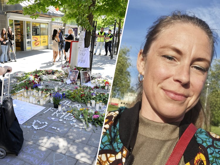 Blommor på Farsta torg efter dödskjutningen. Anna Fernström, klubbordförande FoC Fotboll.