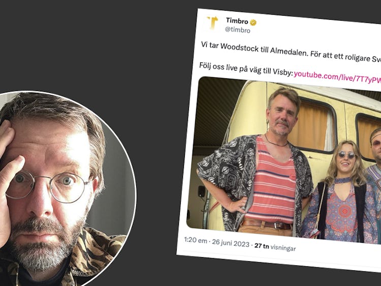 Fredric Thunholm om hattarnas succé Timbro. På bilden syns en tweet när Timbro tar sig till Almedalen 2023 Woodstock-style.