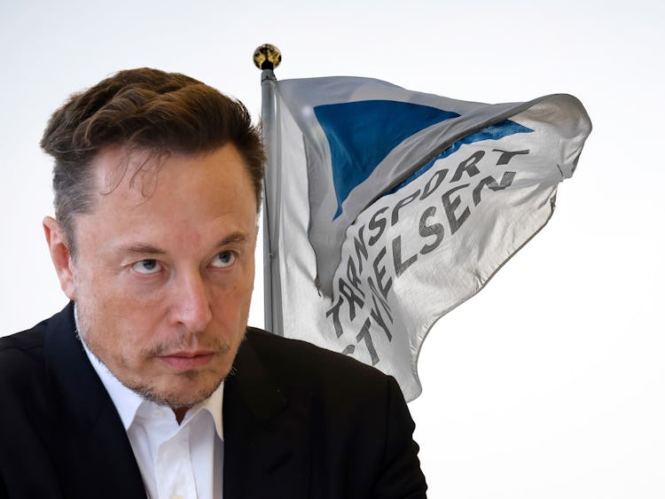 Elon Musk och en flagga frö Transportstyrlesen.