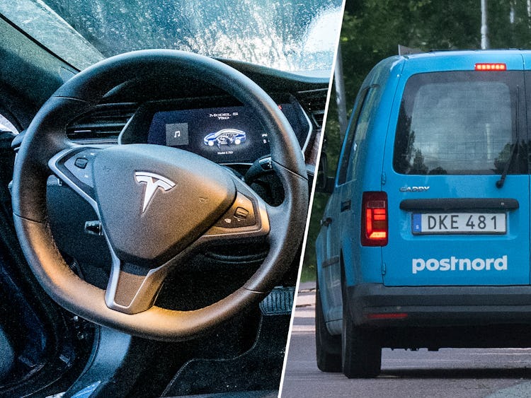 Ratt på en Tesla och en bild på en Postnordbil.