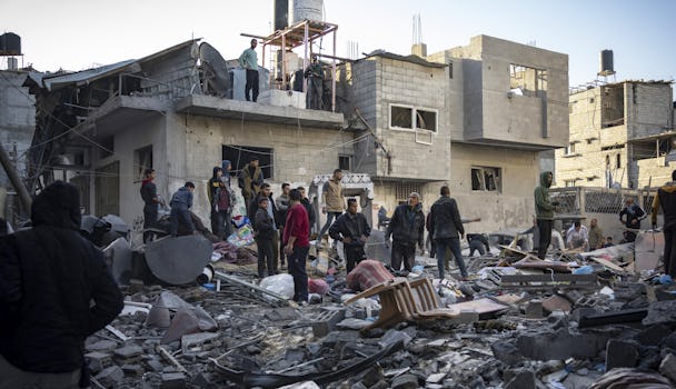 En grupp människor som står i spillrorna av ett hus i Gaza.