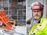 Byggnads ordförande Johan Lindholm och hissen från dödsolycka i Sundbyberg.