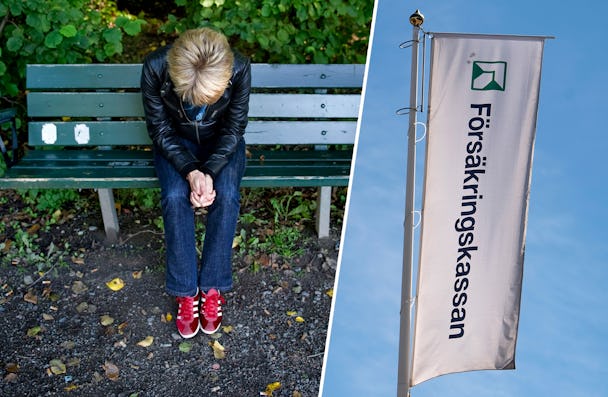 Delad bid föreställande en deprimerad kvinna på en bänk och Försäkringskassans flagga.