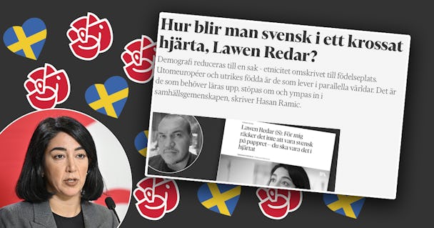Collage med artikelrubriker om svensk identitet, sociala frågor och porträtt av två individer.
