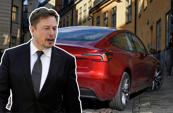 Elon Musk och en Tesla i ett kollagefoto.