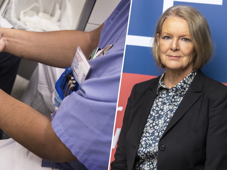 En vårdpersonal som ger en injektion till en patient till vänster och Annelie Södergren på Vårdförbundet.