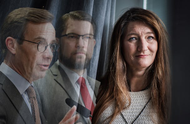 LO:s ordförande Susanna Gideonsson med Jimmie Åkesson och Uld Kristersson bakom sig i ett kollage.