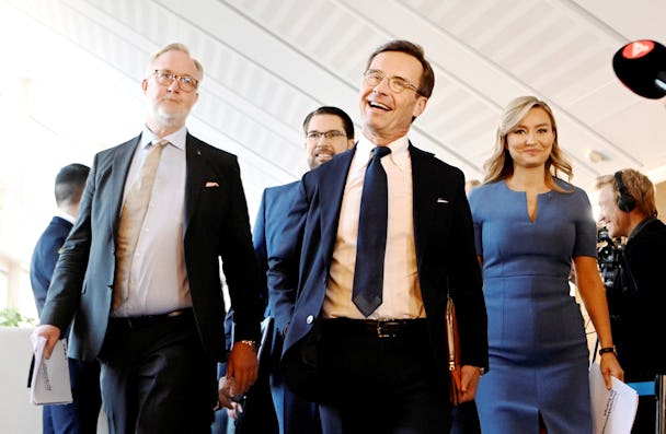 Moderaternas partiledare Ulf Kristersson (M), Sverigedemokraternas partiledare Jimmie Åkesson (SD), Kristdemokraternas partiledare Ebba Busch (KD) och Liberalernas partiledare Johan Pehrson (L).