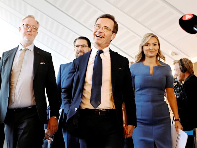 Moderaternas partiledare Ulf Kristersson (M), Sverigedemokraternas partiledare Jimmie Åkesson (SD), Kristdemokraternas partiledare Ebba Busch (KD) och Liberalernas partiledare Johan Pehrson (L).