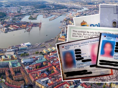 Maskade passbilder på barnflickorna i ett kollagen med Göteborgs hamninlopp i bakgrunden.