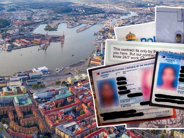 Maskade passbilder på barnflickorna i ett kollagen med Göteborgs hamninlopp i bakgrunden.