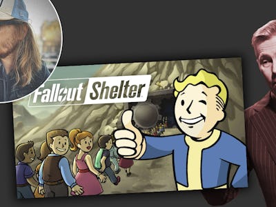 Ett bildkollage innehållande en man i hatt, en man i kostym och en bild på spelet Fallout.
