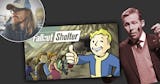 Ett bildkollage innehållande en man i hatt, en man i kostym och en bild på spelet Fallout.