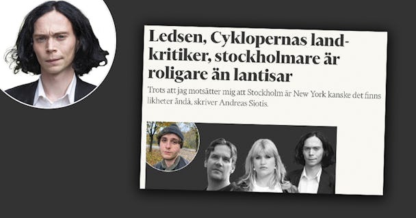 Huvudbild för en reklamartikel med ett stort porträtt av en man med långt hår och en mindre inramning av tre män, tillsammans med Svensk rubrik och undertext.