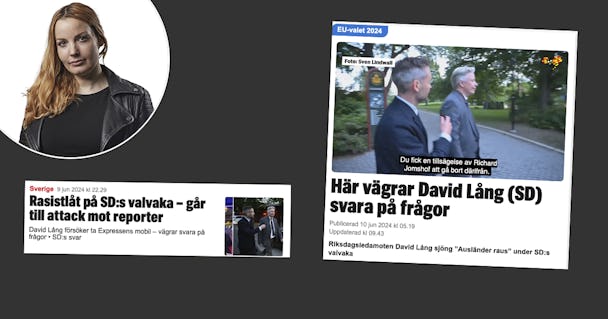 Två skärmdumpar: den vänstra visar en nyhetsrubrik om ett angrepp på en reporter, och den högra visar en man som blir intervjuad och vägrar att svara på frågor.