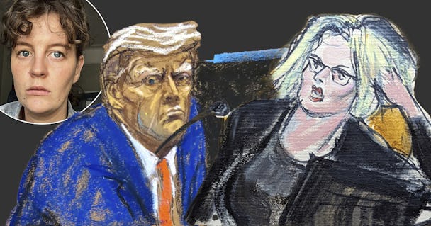 En rättssalsteckning visar en person med orange hudton och blå kostym bredvid en person med blont hår och glasögon. Ett infällt foto i hörnet visar en individ med allvarligt ansiktsuttryck.