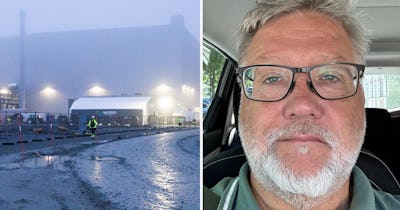 Vänster: Industribyggnadsplats under uppförande i dimmigt väder. Höger: Närbild av en gråhårig man med glasögon sittande i en bil.