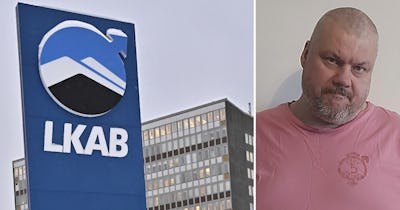 Ett foto som visar en byggnad med LKAB-logotypen till vänster och en Lars-Gunnar Niemelä i rosa t-shirt till höger.