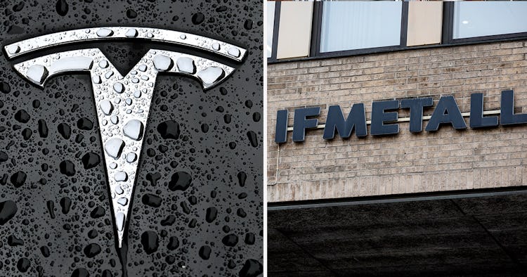 Delad bild med Tesla-logotypen till vänster som täcks av vattendroppar, och bokstäverna "IFMETALL" på en byggnads utsida till höger.