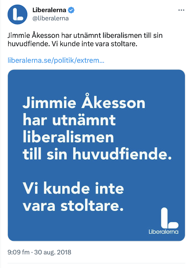 Liberalernas twitterkonto om Sverigedemokraterna 2018.