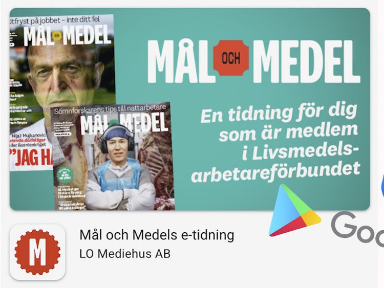 Bild på appstore och Google Plays appar och Mål och Medels nya e-tidning.