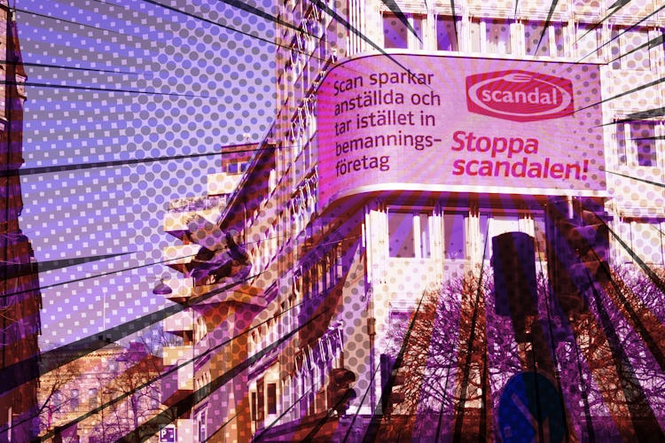 Livs Scandal-kampanj. Livsmedelsarbetareförbundet har köpt reklamplats på Stureplan i Stockholm för att kritisera matjätten Scan. Förbundet hävdar att Scan sparkar medarbetare och ersätter dem med bemanningsföretag.