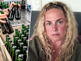 Två bilder på Sandra Sölter som arbetar i en fabrik med ölflaskor.